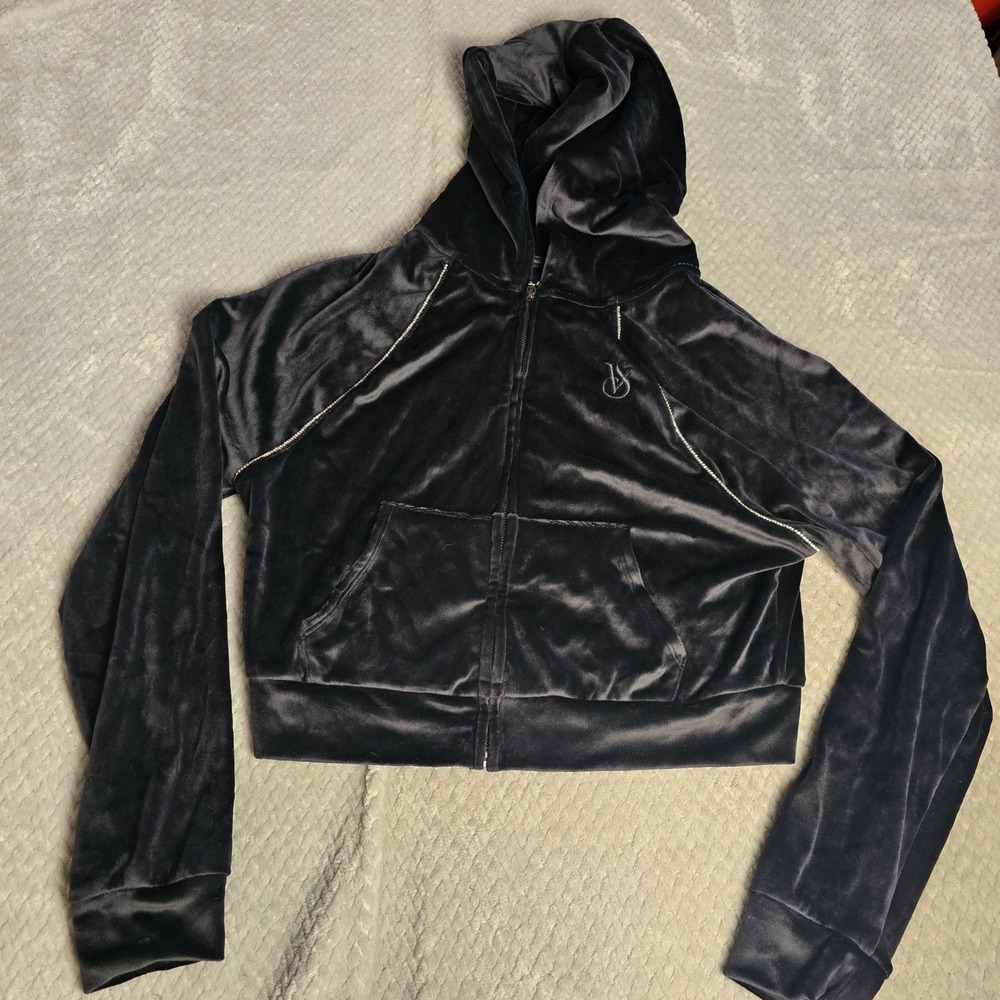 Victoria's Secret On Point Hoodie Women XS Black Velour Crop Zip Up Y2K